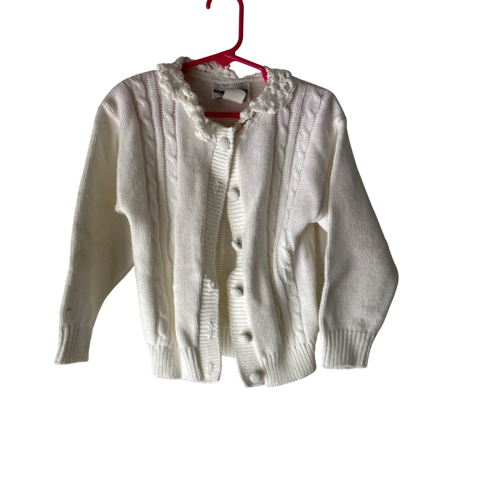 Miniwaves Kids Vintage White Cable Knit Cardigan Scalloped Collar Small 6918 USA